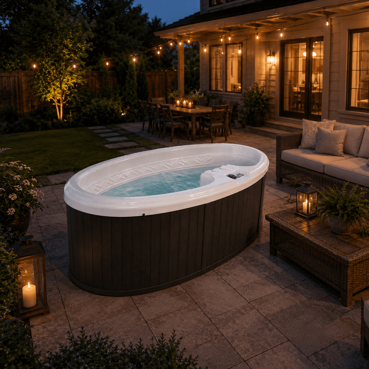 Freedom hot tub in a landscaped backyard at night