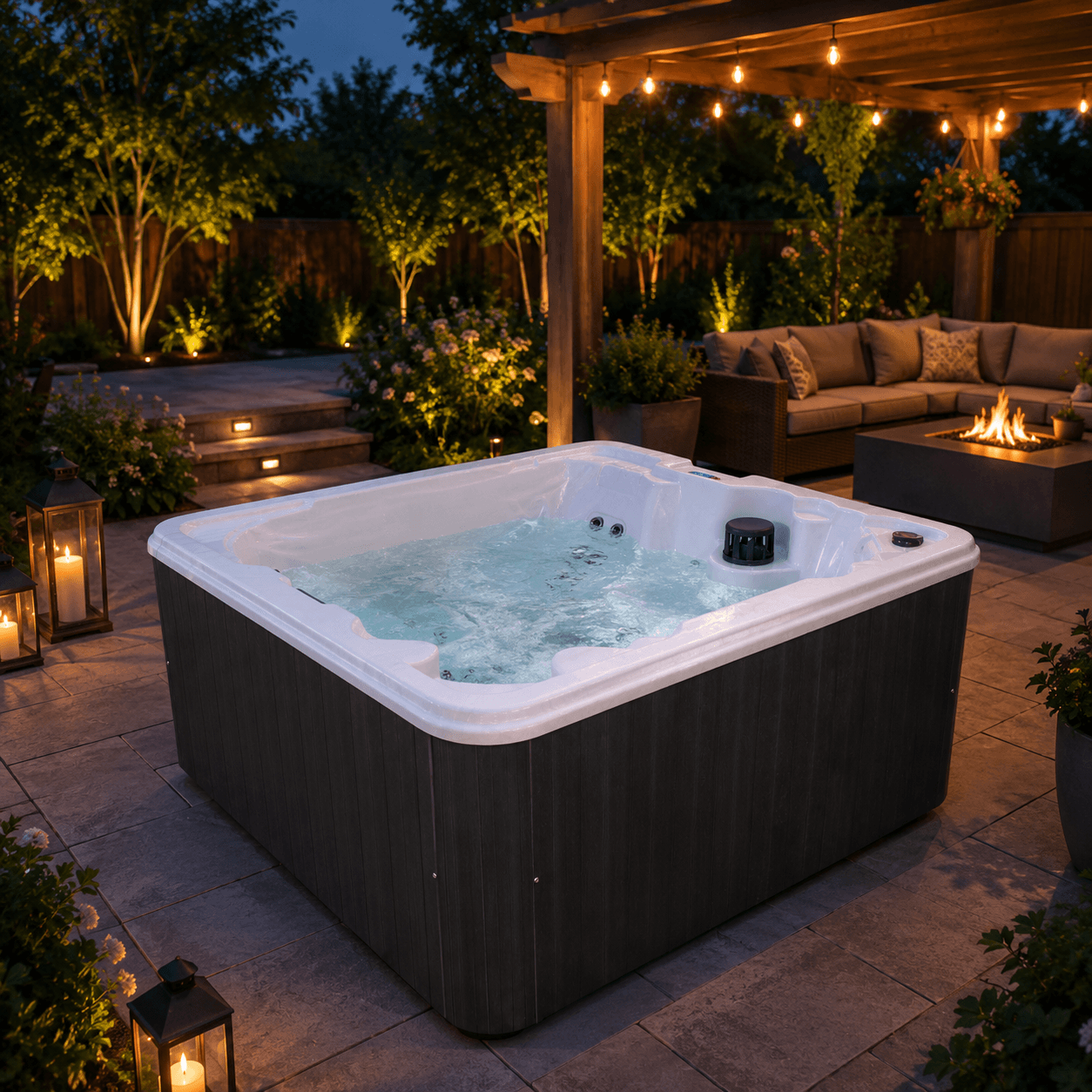 American hot tub in a landscaped backyard at night